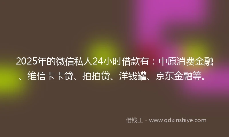 2025年的微信私人24小时借款有：中原消费金融、维信卡卡贷、拍拍贷、洋钱罐、京东金融等。