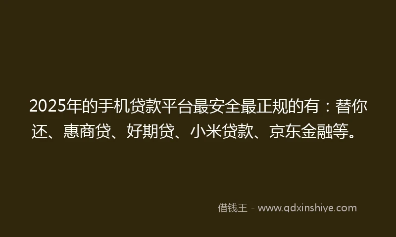 2025年的手机贷款平台最安全最正规的有：替你还、惠商贷、好期贷、小米贷款、京东金融等。