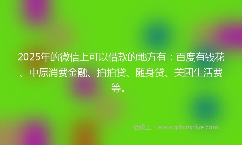 2025年的微信上可以借款的地方有：百度有钱花、中原消费金融、拍拍贷、随身贷、美团生活费等。