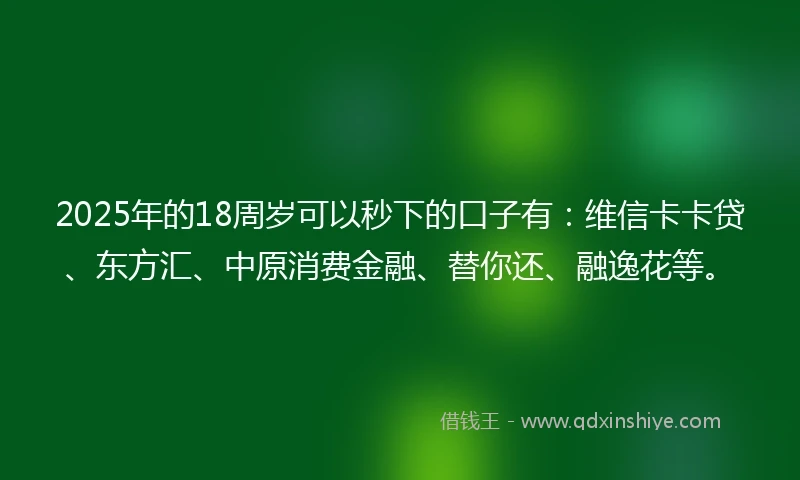 2025年的18周岁可以秒下的口子有：维信卡卡贷、东方汇、中原消费金融、替你还、融逸花等。