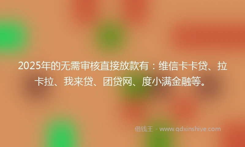 2025年的无需审核直接放款有：维信卡卡贷、拉卡拉、我来贷、团贷网、度小满金融等。