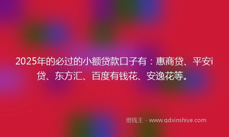 2025年的必过的小额贷款口子有：惠商贷、平安i贷、东方汇、百度有钱花、安逸花等。