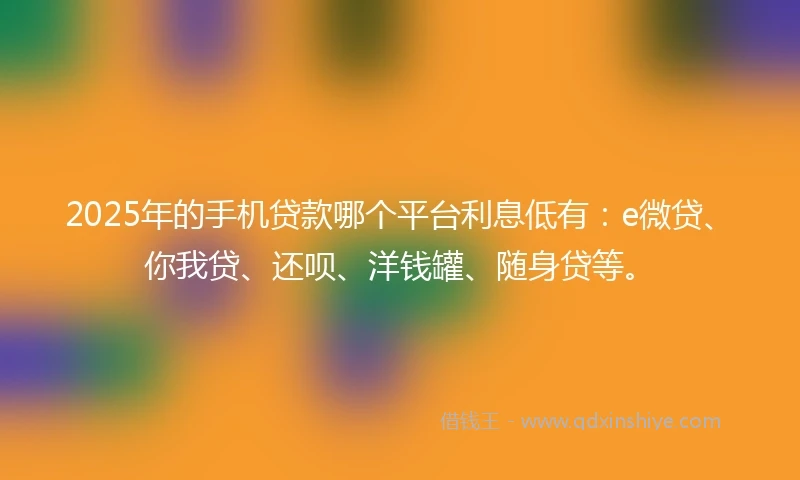 2025年的手机贷款哪个平台利息低有：e微贷、你我贷、还呗、洋钱罐、随身贷等。