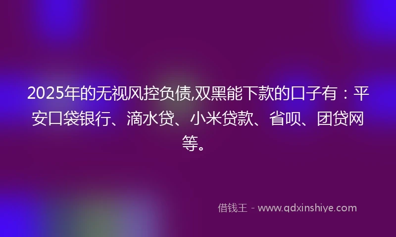 2025年的无视风控负债,双黑能下款的口子有：平安口袋银行、滴水贷、小米贷款、省呗、团贷网等。