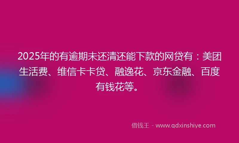 2025年的有逾期未还清还能下款的网贷有：美团生活费、维信卡卡贷、融逸花、京东金融、百度有钱花等。