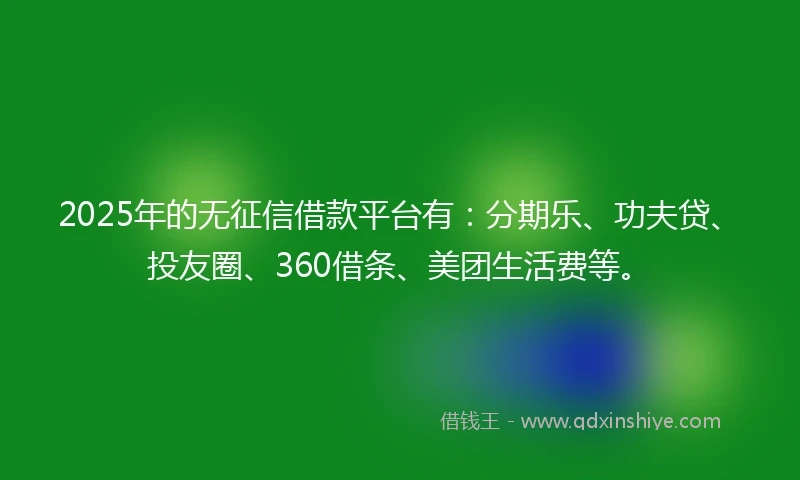 2025年的无征信借款平台有：分期乐、功夫贷、投友圈、360借条、美团生活费等。