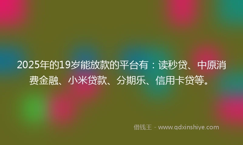 2025年的19岁能放款的平台有：读秒贷、中原消费金融、小米贷款、分期乐、信用卡贷等。