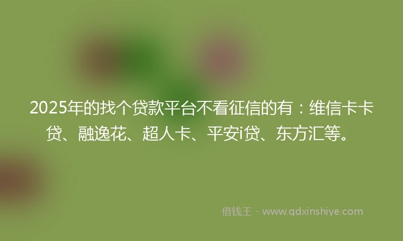 2025年的找个贷款平台不看征信的有：维信卡卡贷、融逸花、超人卡、平安i贷、东方汇等。