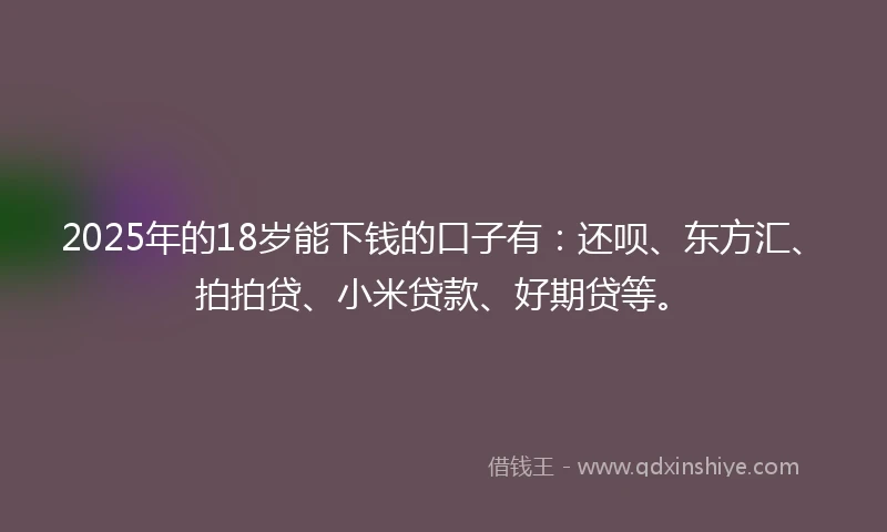 2025年的18岁能下钱的口子有：还呗、东方汇、拍拍贷、小米贷款、好期贷等。