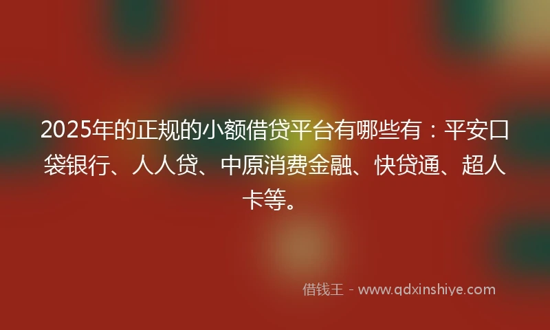 2025年的正规的小额借贷平台有哪些有：平安口袋银行、人人贷、中原消费金融、快贷通、超人卡等。