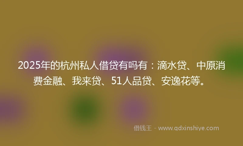 2025年的杭州私人借贷有吗有：滴水贷、中原消费金融、我来贷、51人品贷、安逸花等。