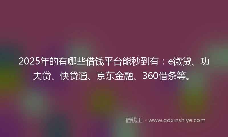 2025年的有哪些借钱平台能秒到有：e微贷、功夫贷、快贷通、京东金融、360借条等。