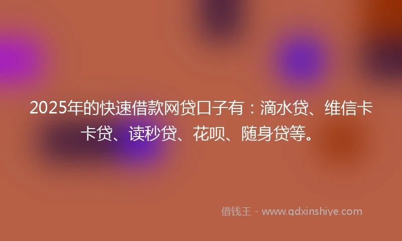 2025年的快速借款网贷口子有：滴水贷、维信卡卡贷、读秒贷、花呗、随身贷等。