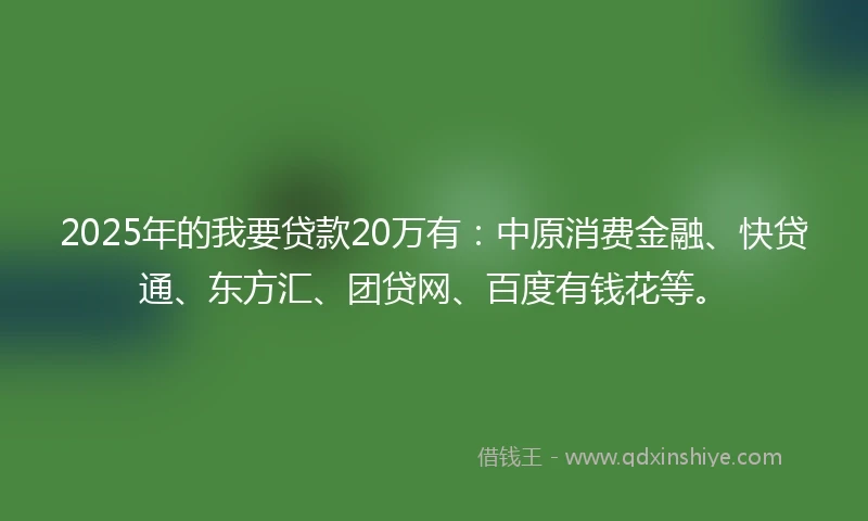 2025年的我要贷款20万有：中原消费金融、快贷通、东方汇、团贷网、百度有钱花等。