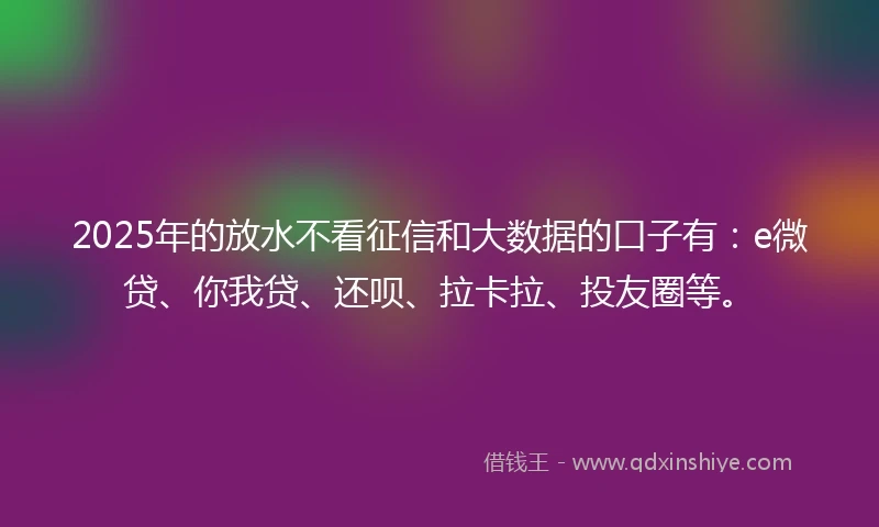 2025年的放水不看征信和大数据的口子有：e微贷、你我贷、还呗、拉卡拉、投友圈等。