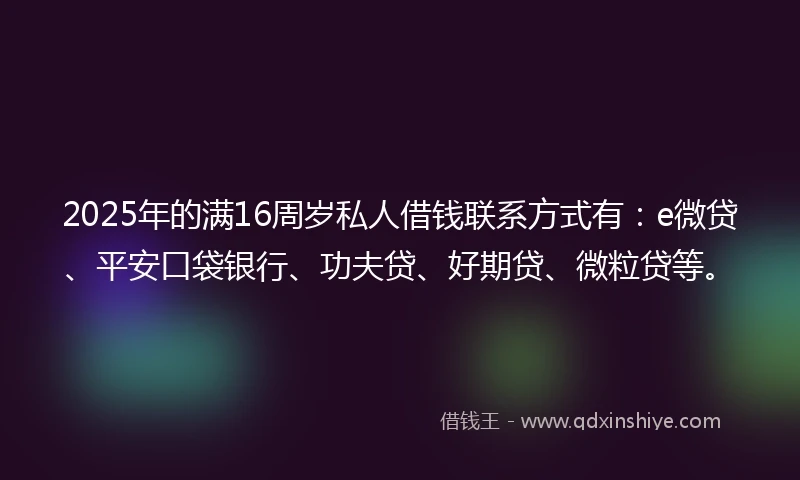 2025年的满16周岁私人借钱联系方式有：e微贷、平安口袋银行、功夫贷、好期贷、微粒贷等。