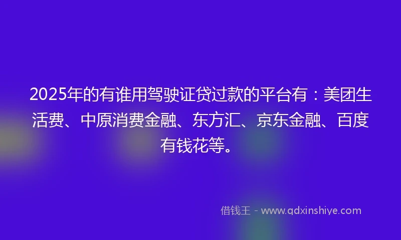 2025年的有谁用驾驶证贷过款的平台有：美团生活费、中原消费金融、东方汇、京东金融、百度有钱花等。