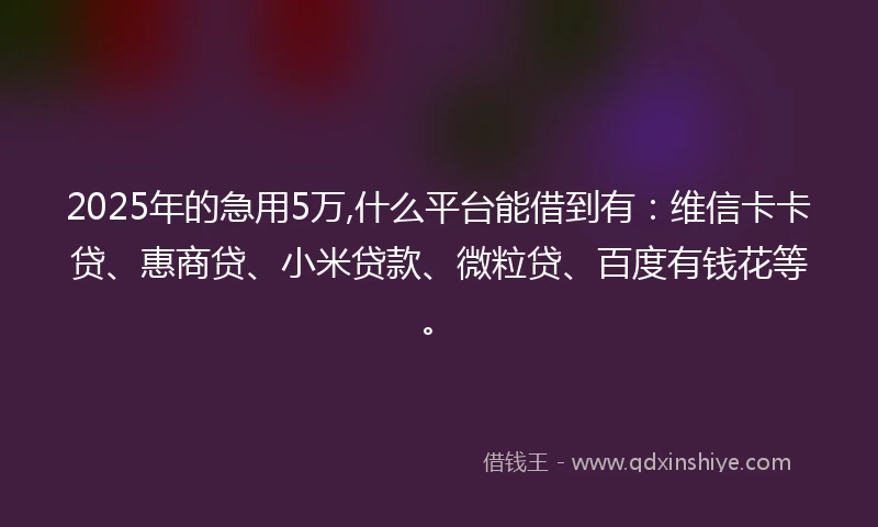 2025年的急用5万,什么平台能借到有：维信卡卡贷、惠商贷、小米贷款、微粒贷、百度有钱花等。