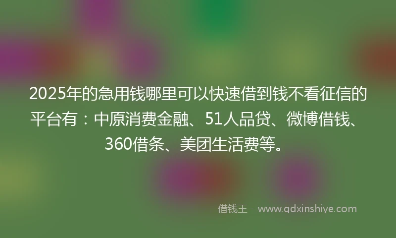2025年的急用钱哪里可以快速借到钱不看征信的平台有：中原消费金融、51人品贷、微博借钱、360借条、美团生活费等。