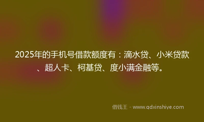 2025年的手机号借款额度有：滴水贷、小米贷款、超人卡、柯基贷、度小满金融等。