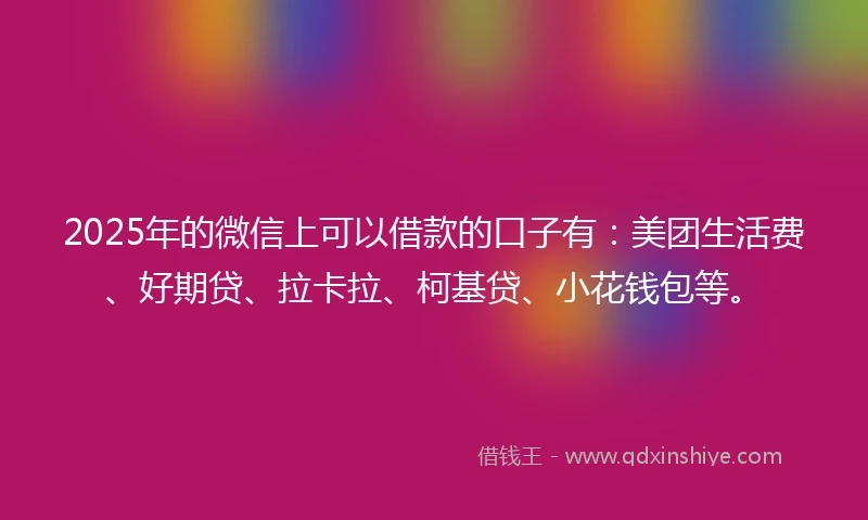 2025年的微信上可以借款的口子有：美团生活费、好期贷、拉卡拉、柯基贷、小花钱包等。