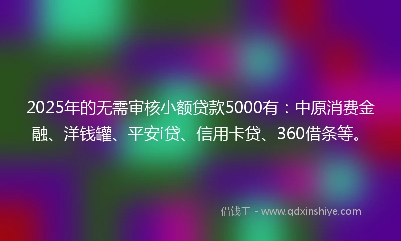 2025年的无需审核小额贷款5000有：中原消费金融、洋钱罐、平安i贷、信用卡贷、360借条等。