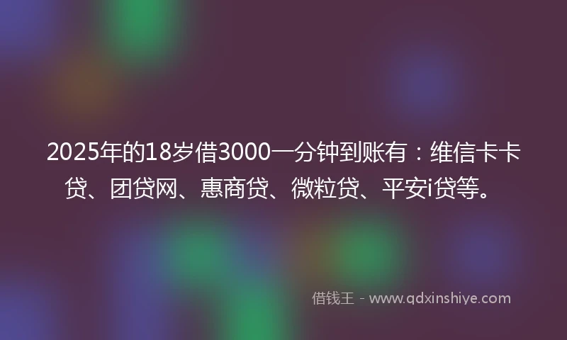 2025年的18岁借3000一分钟到账有：维信卡卡贷、团贷网、惠商贷、微粒贷、平安i贷等。