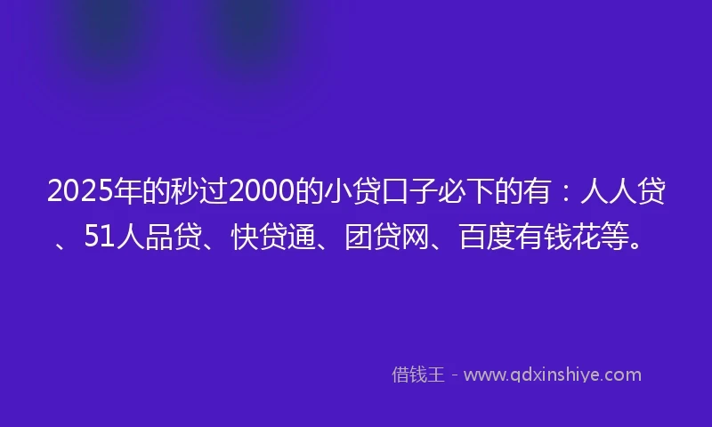 2025年的秒过2000的小贷口子必下的有：人人贷、51人品贷、快贷通、团贷网、百度有钱花等。