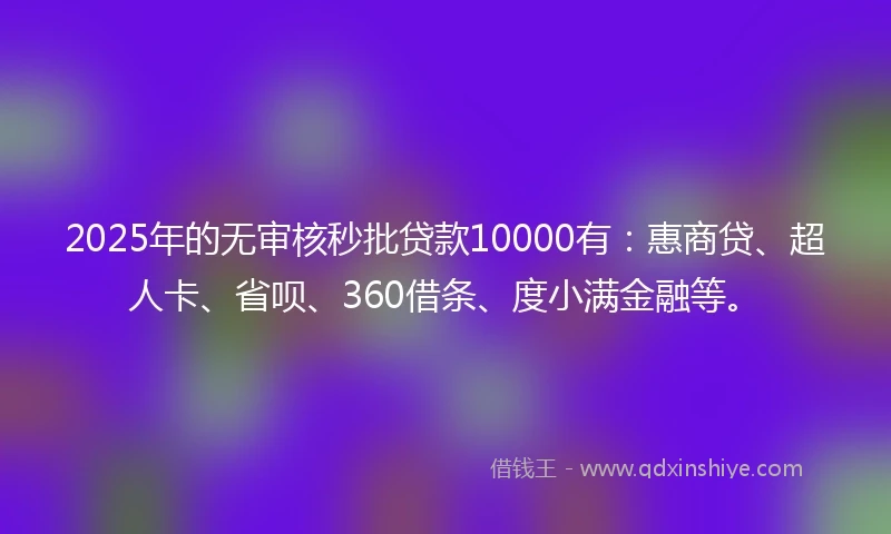 2025年的无审核秒批贷款10000有：惠商贷、超人卡、省呗、360借条、度小满金融等。
