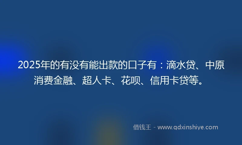 2025年的有没有能出款的口子有：滴水贷、中原消费金融、超人卡、花呗、信用卡贷等。