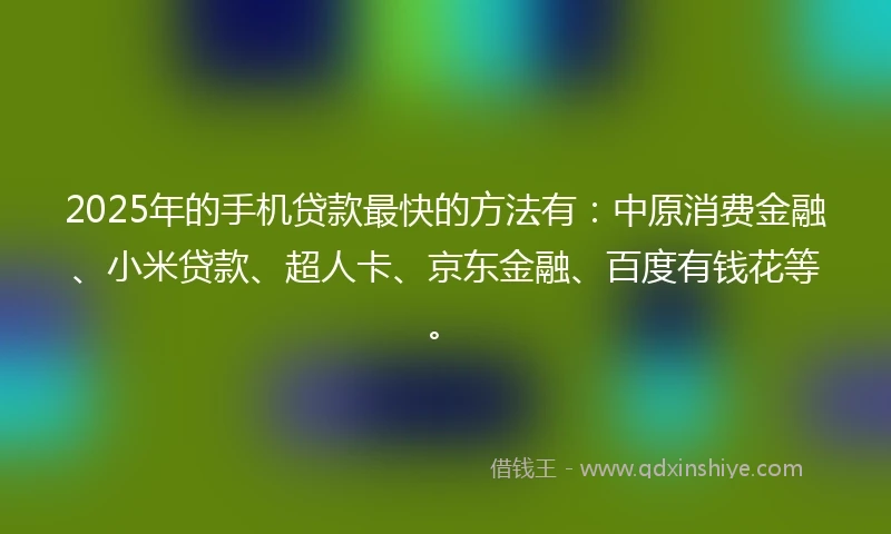 2025年的手机贷款最快的方法有：中原消费金融、小米贷款、超人卡、京东金融、百度有钱花等。