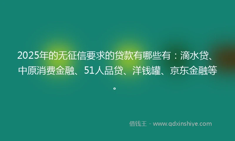 2025年的无征信要求的贷款有哪些有：滴水贷、中原消费金融、51人品贷、洋钱罐、京东金融等。