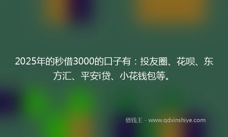 2025年的秒借3000的口子有：投友圈、花呗、东方汇、平安i贷、小花钱包等。