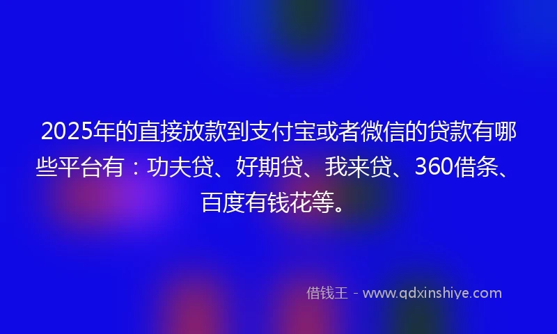 2025年的直接放款到支付宝或者微信的贷款有哪些平台有：功夫贷、好期贷、我来贷、360借条、百度有钱花等。