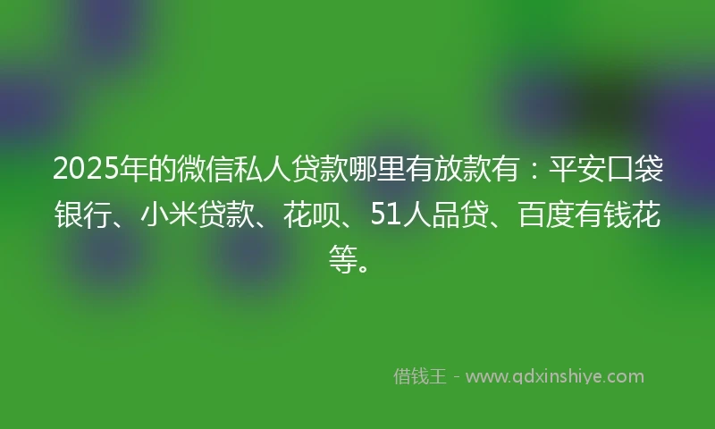 2025年的微信私人贷款哪里有放款有：平安口袋银行、小米贷款、花呗、51人品贷、百度有钱花等。