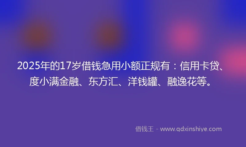 2025年的17岁借钱急用小额正规有：信用卡贷、度小满金融、东方汇、洋钱罐、融逸花等。
