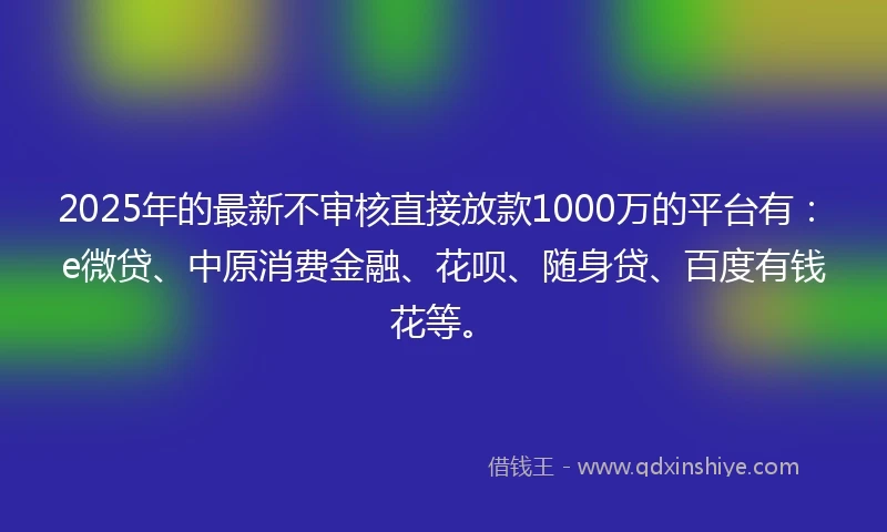 2025年的最新不审核直接放款1000万的平台有：e微贷、中原消费金融、花呗、随身贷、百度有钱花等。