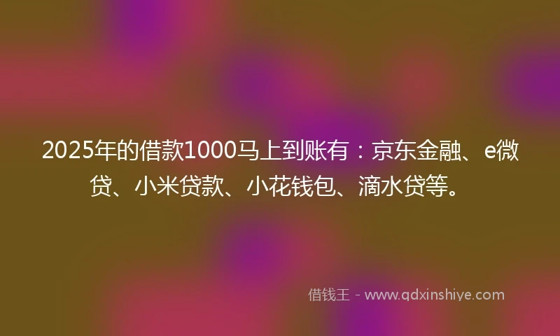 2025年的借款1000马上到账有：京东金融、e微贷、小米贷款、小花钱包、滴水贷等。