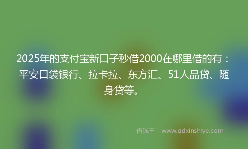 2025年的支付宝新口子秒借2000在哪里借的有：平安口袋银行、拉卡拉、东方汇、51人品贷、随身贷等。