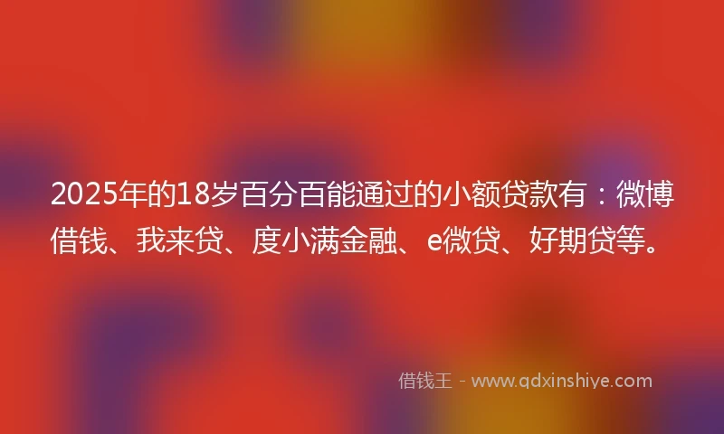 2025年的18岁百分百能通过的小额贷款有：微博借钱、我来贷、度小满金融、e微贷、好期贷等。