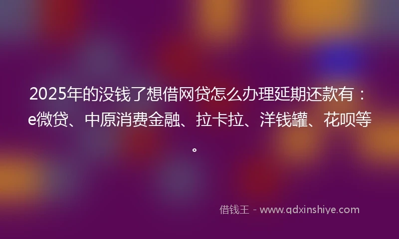 2025年的没钱了想借网贷怎么办理延期还款有：e微贷、中原消费金融、拉卡拉、洋钱罐、花呗等。