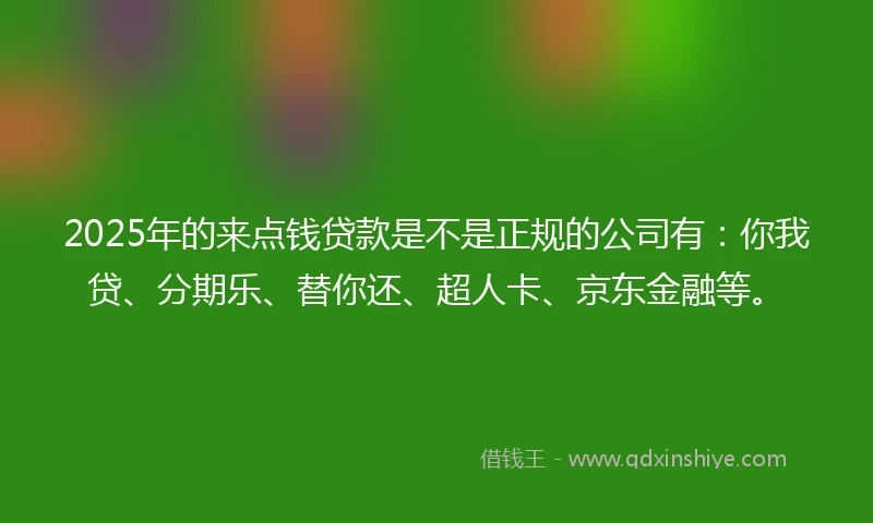 2025年的来点钱贷款是不是正规的公司有：你我贷、分期乐、替你还、超人卡、京东金融等。