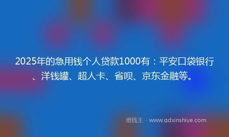 2025年的急用钱个人贷款1000有：平安口袋银行、洋钱罐、超人卡、省呗、京东金融等。