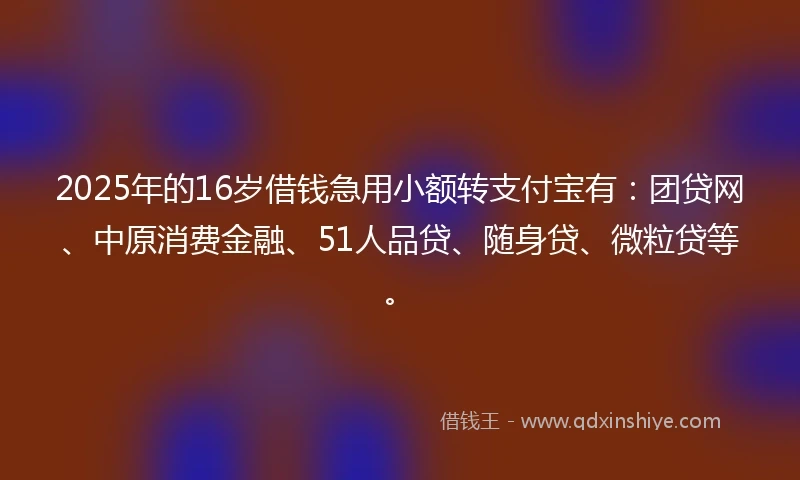 2025年的16岁借钱急用小额转支付宝有：团贷网、中原消费金融、51人品贷、随身贷、微粒贷等。