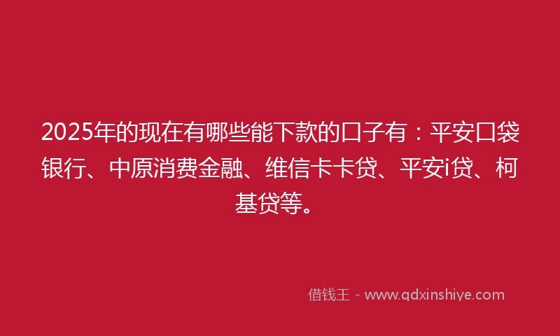 2025年的现在有哪些能下款的口子有：平安口袋银行、中原消费金融、维信卡卡贷、平安i贷、柯基贷等。