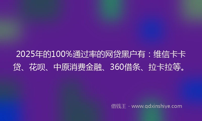 2025年的100%通过率的网贷黑户有：维信卡卡贷、花呗、中原消费金融、360借条、拉卡拉等。