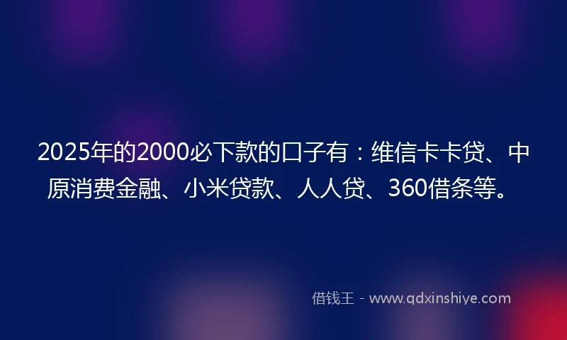 2025年的2000必下款的口子有：维信卡卡贷、中原消费金融、小米贷款、人人贷、360借条等。