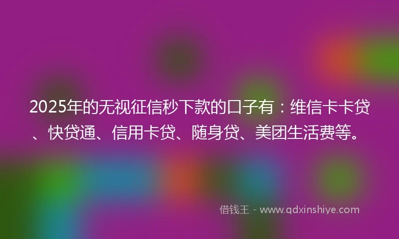 2025年的无视征信秒下款的口子有：维信卡卡贷、快贷通、信用卡贷、随身贷、美团生活费等。