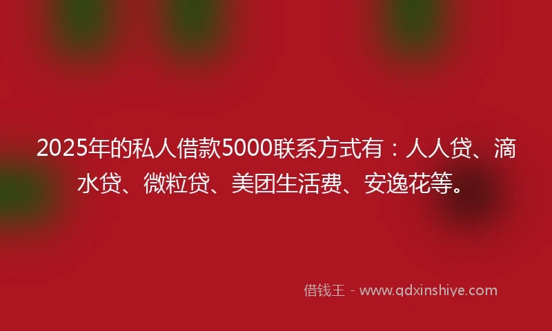 2025年的私人借款5000联系方式有：人人贷、滴水贷、微粒贷、美团生活费、安逸花等。