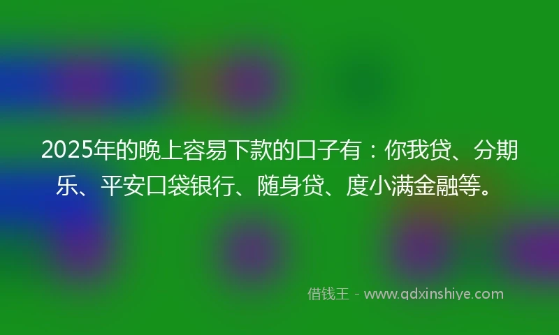 2025年的晚上容易下款的口子有：你我贷、分期乐、平安口袋银行、随身贷、度小满金融等。